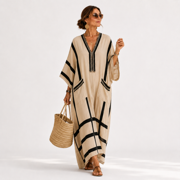 Caftán Salma Beige met Zwarte Strepen