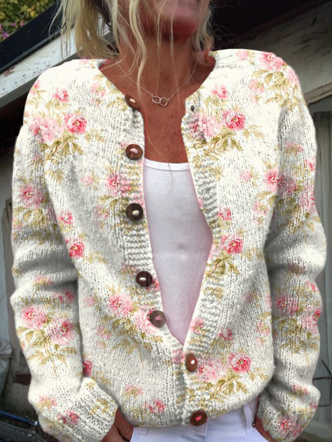 Pia | Cardigan mit pinken Blumen und grünen Blättern
