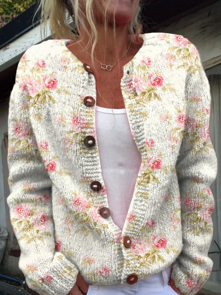 Pia | Cardigan mit pinken Blumen und grünen Blättern