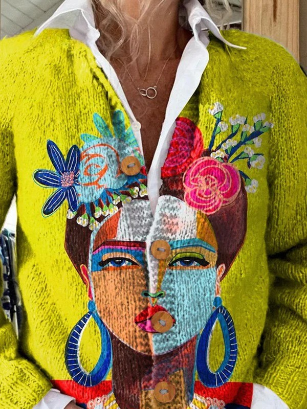 Andrea | Cardigan mit Frida-Porträt in Ölgemälde-Optik