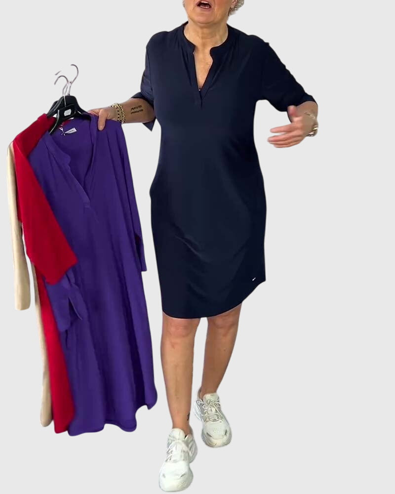 Caroline | Einfarbiges V-Ausschnitt Kleid