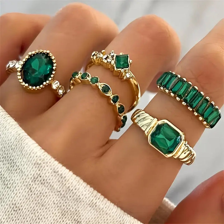 Exquisites grünes Ringenset Zarina | Gold