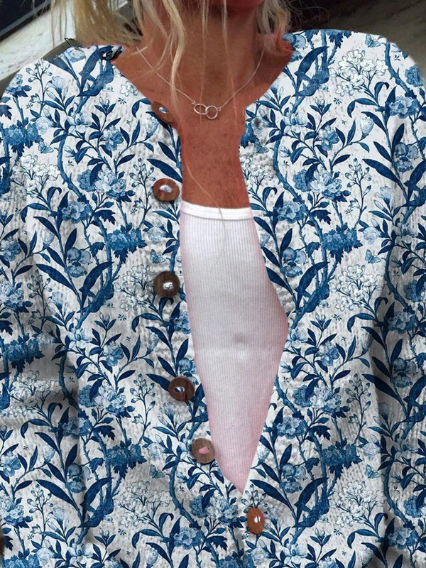 Anke | Eleganter Cardigan mit blau-weißem Blumenmuster