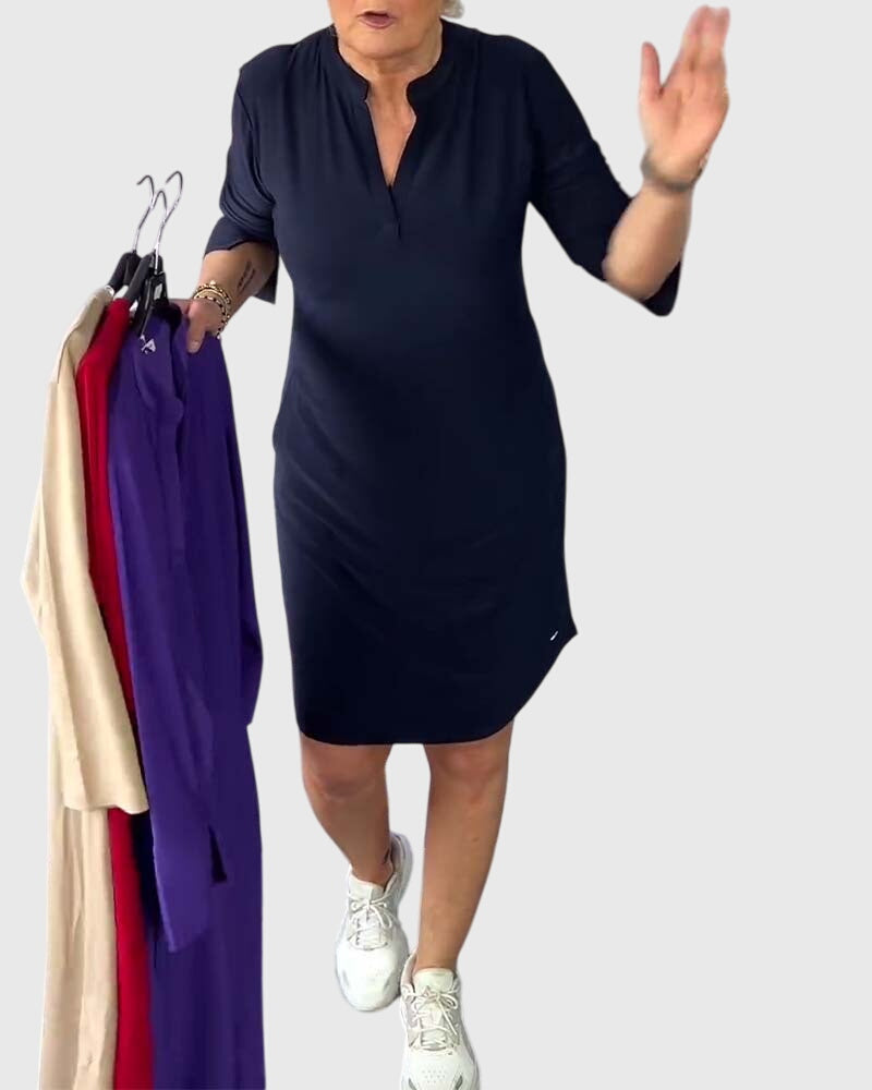 Caroline | Einfarbiges V-Ausschnitt Kleid