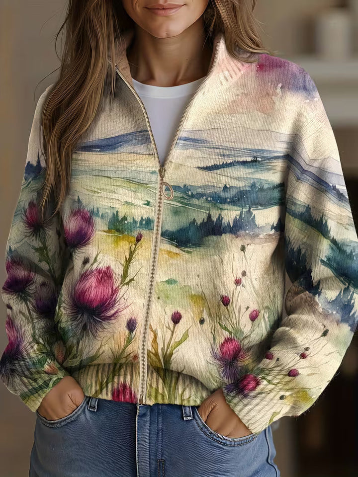 Avery - Schottische Distel Landschaft Zip Cardigan