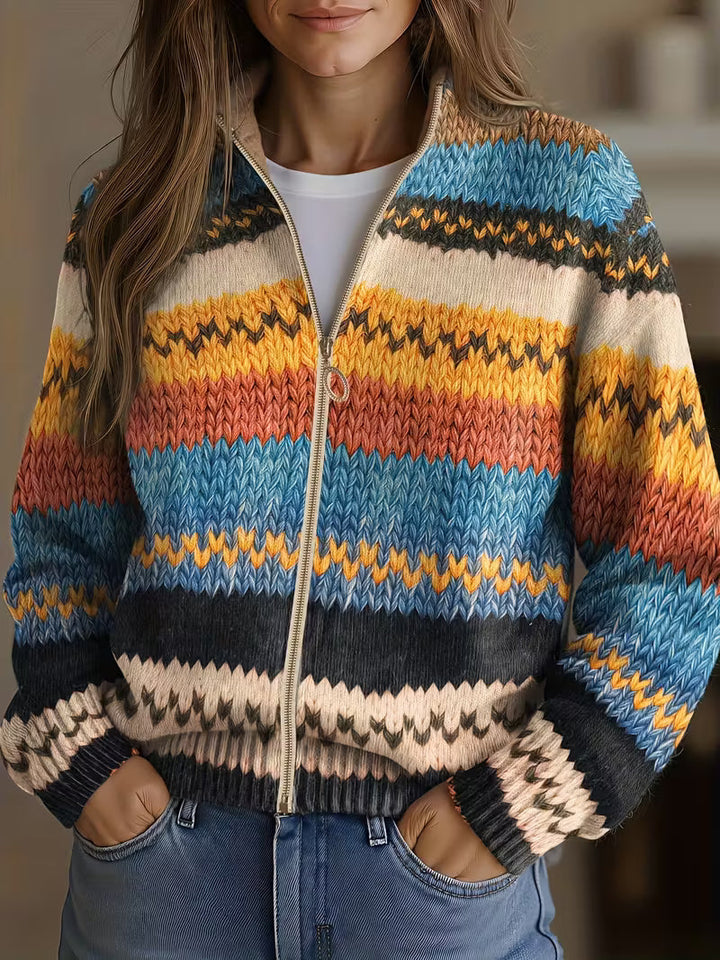 Jenna - Multicolor Zickzack Gestreifter Strickcardigan