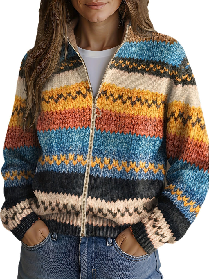 Jenna - Multicolor Zickzack Gestreifter Strickcardigan