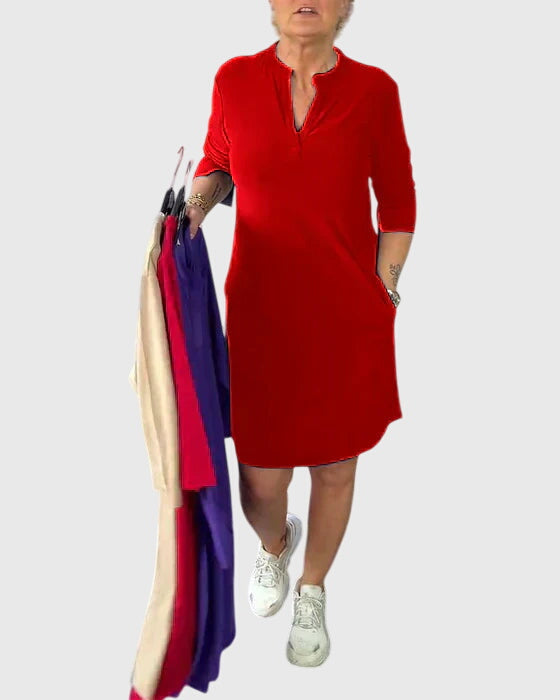 Caroline | Einfarbiges V-Ausschnitt Kleid