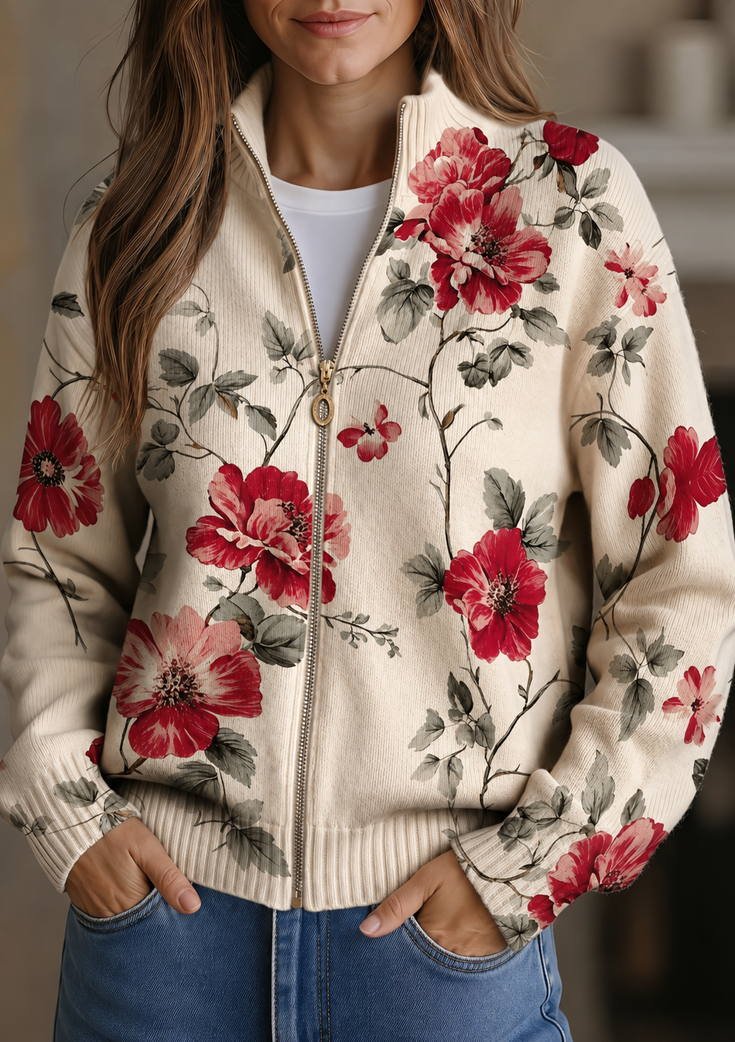 Penelope - Vintage Rosenprint Zip Cardigan