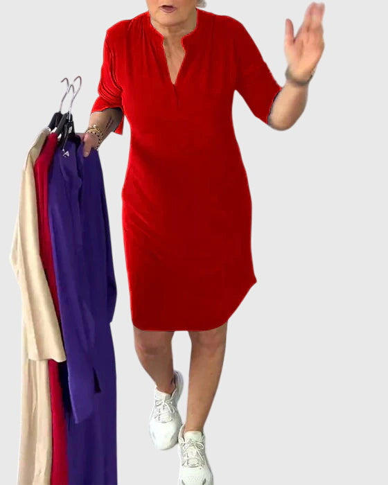 Caroline | Einfarbiges V-Ausschnitt Kleid