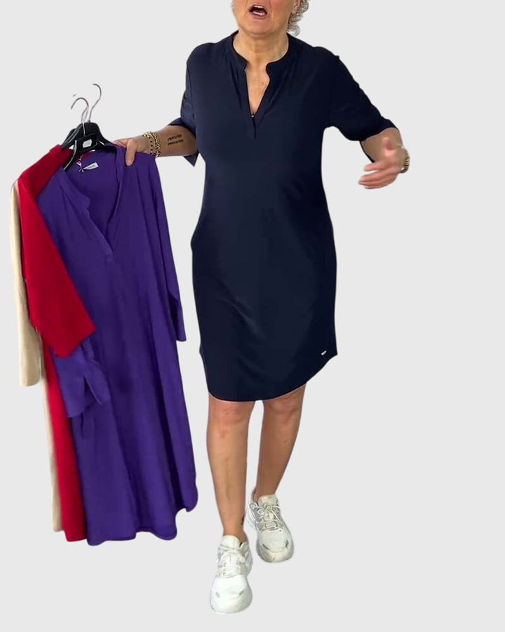 Caroline | Einfarbiges V-Ausschnitt Kleid