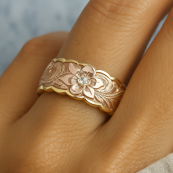 Goldener Ring mit Vintage Rosa Blume