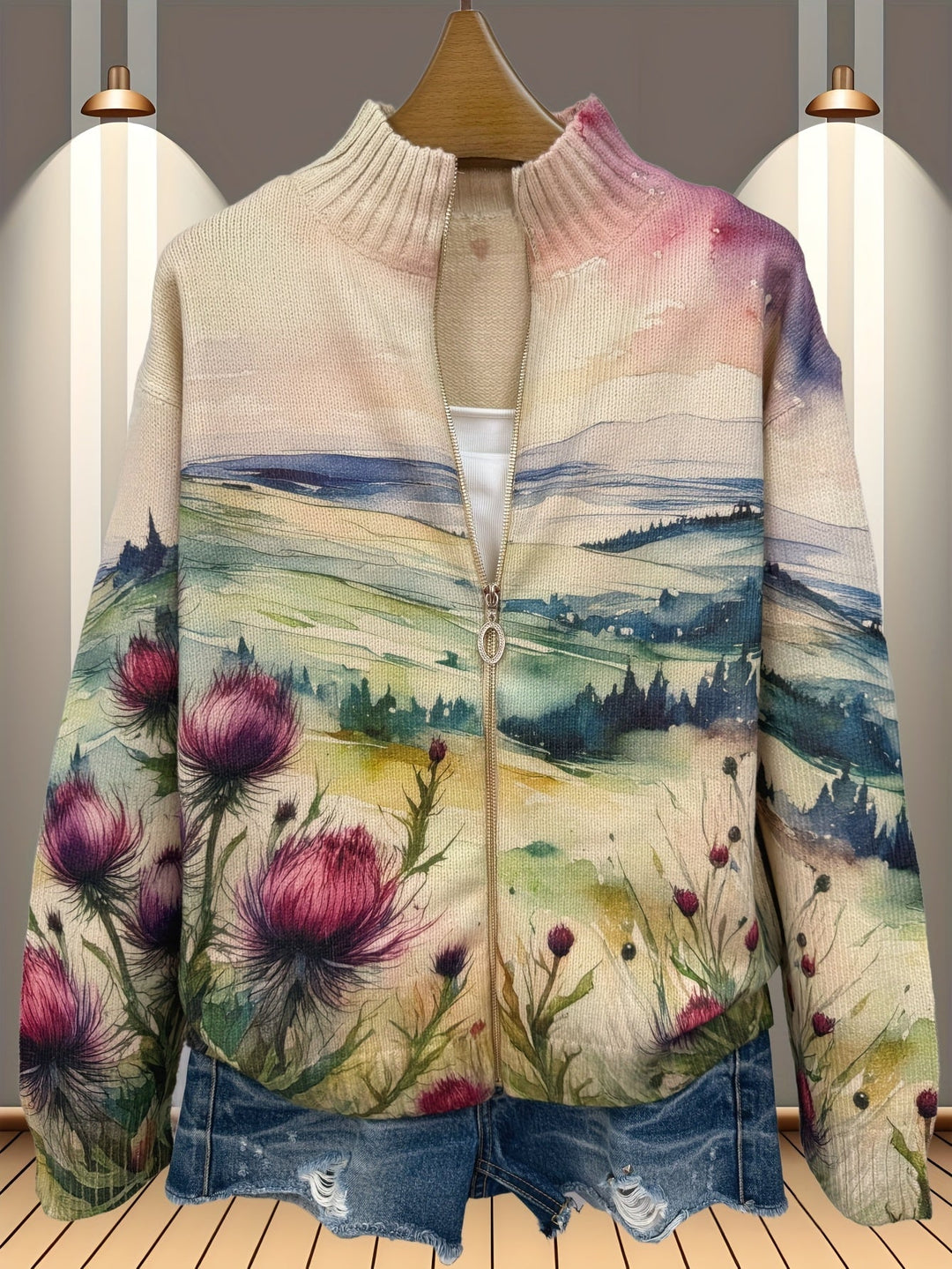 Avery - Schottische Distel Landschaft Zip Cardigan