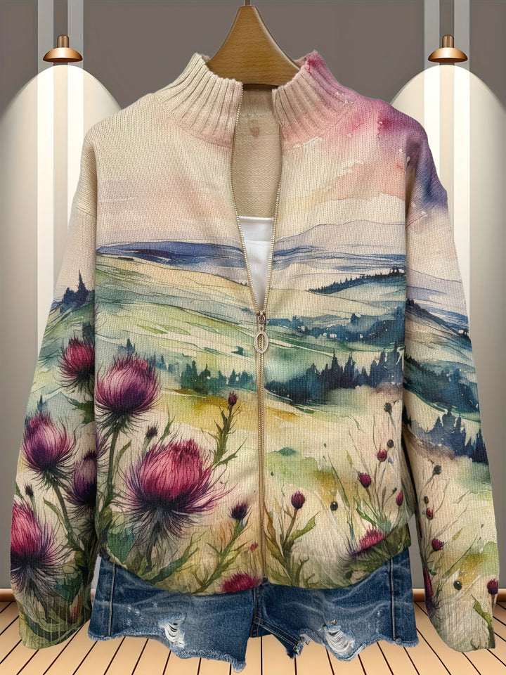 Avery - Schottische Distel Landschaft Zip Cardigan