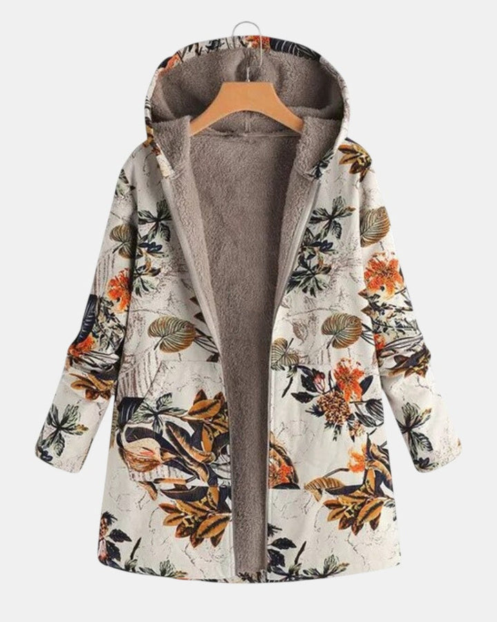 Gudrun | Boho-Sherpa-Kapuzenmantel mit Blumenmuster