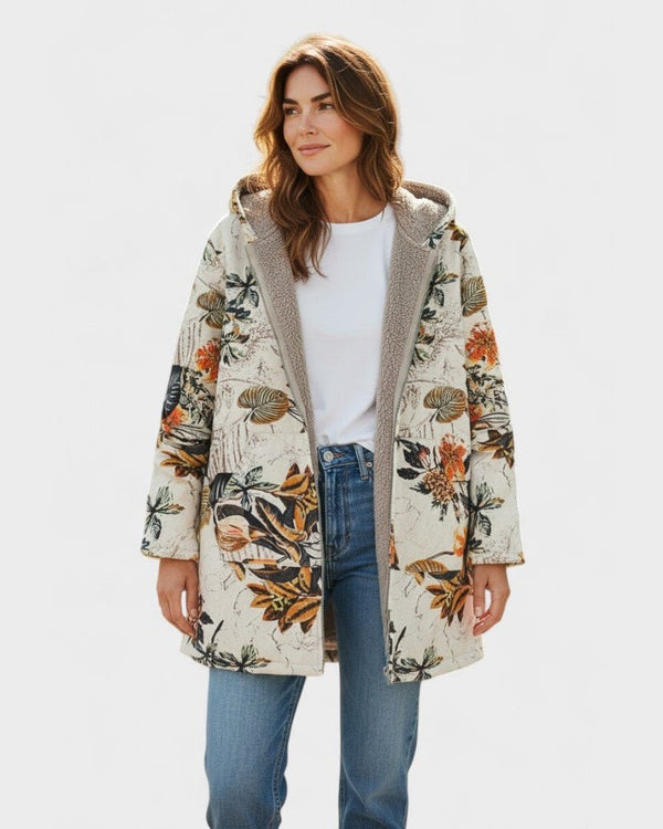 Gudrun | Boho-Sherpa-Kapuzenmantel mit Blumenmuster