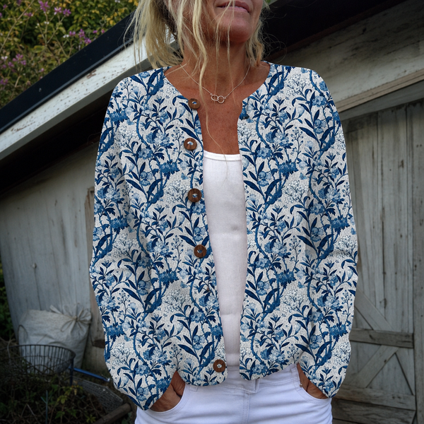 Anke | Eleganter Cardigan mit blau-weißem Blumenmuster