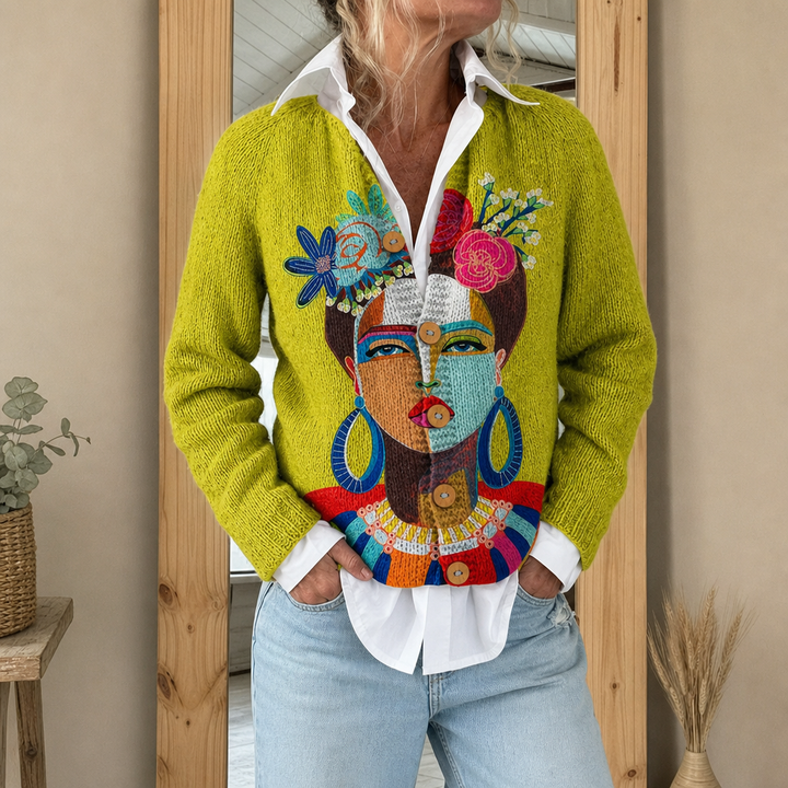 Andrea | Cardigan mit Frida-Porträt in Ölgemälde-Optik
