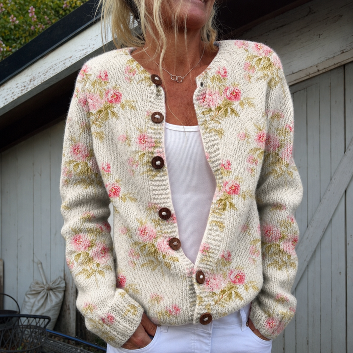 Pia | Cardigan mit pinken Blumen und grünen Blättern