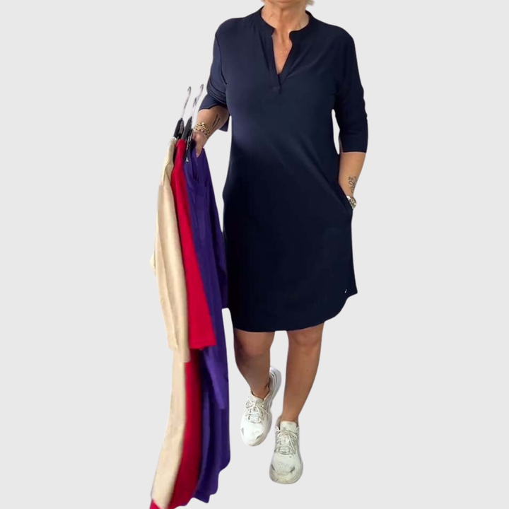 Caroline | Einfarbiges V-Ausschnitt Kleid