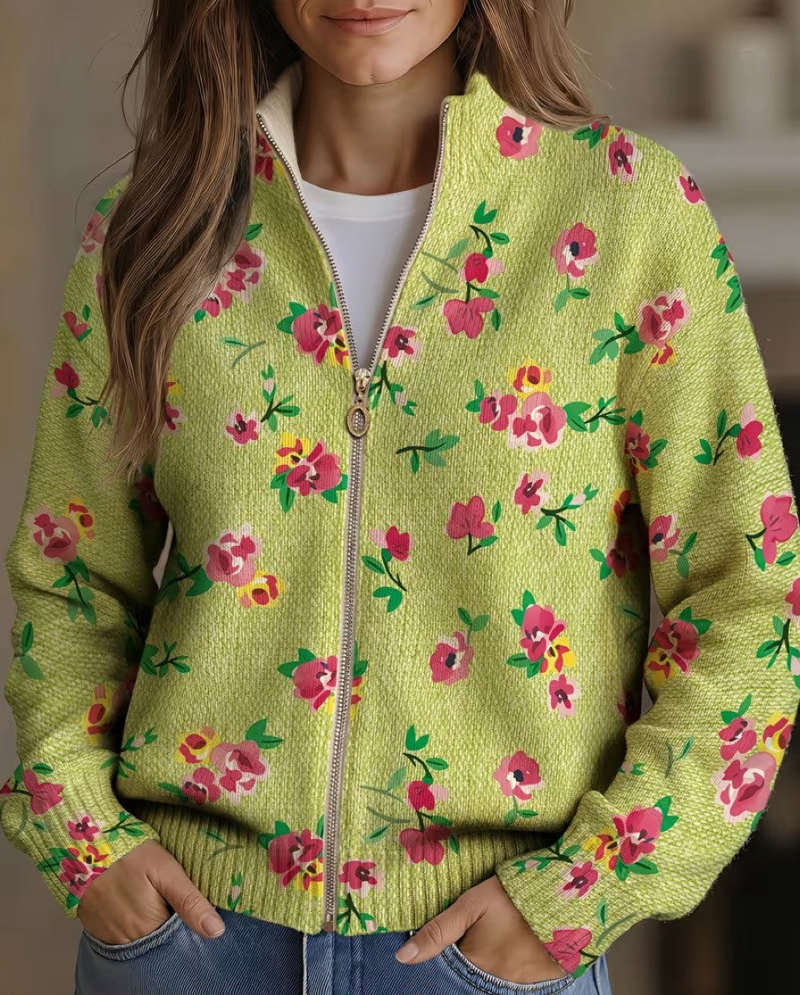 Lauren - Rosa Blumen Limette Reißverschluss Cardigan