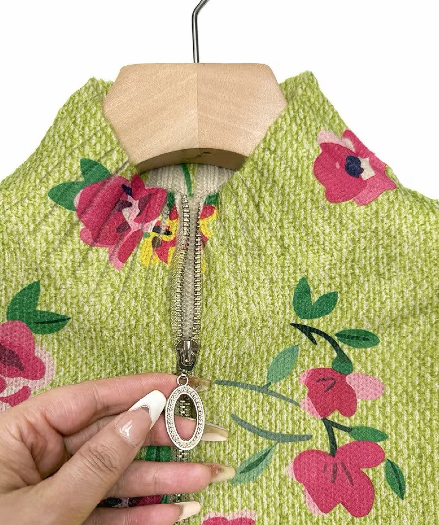 Lauren - Rosa Blumen Limette Reißverschluss Cardigan