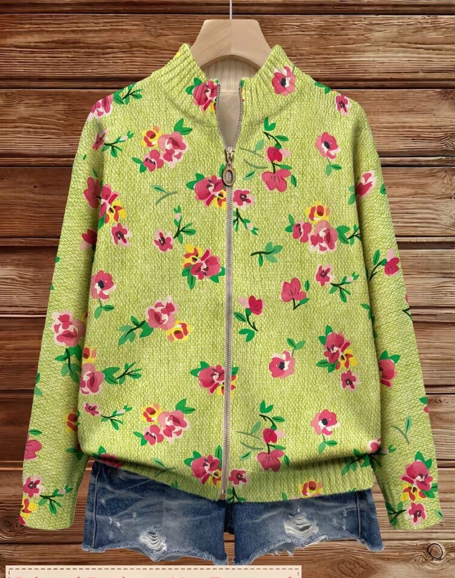 Lauren - Rosa Blumen Limette Reißverschluss Cardigan
