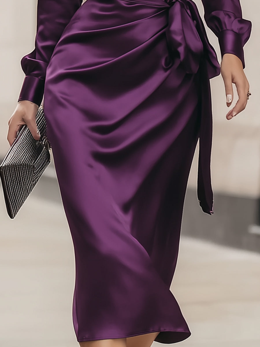 Tineke | Midi Kleid Drapé in Tiefem Lila Satin