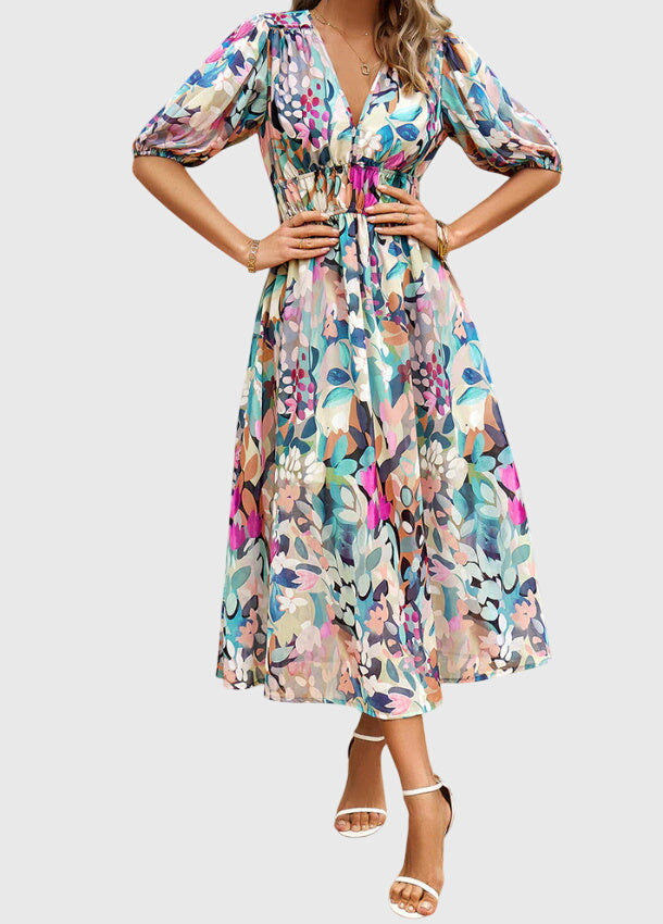 Olga | Flatternde Midi Blumenkleid