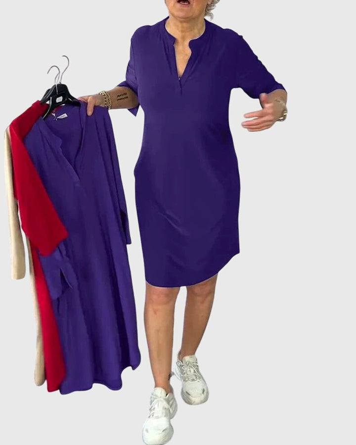 Caroline | Einfarbiges V-Ausschnitt Kleid