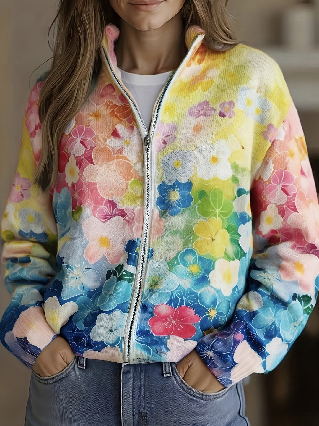 Natalie - Aquarell Blumen Ombre Reißverschluss Cardigan