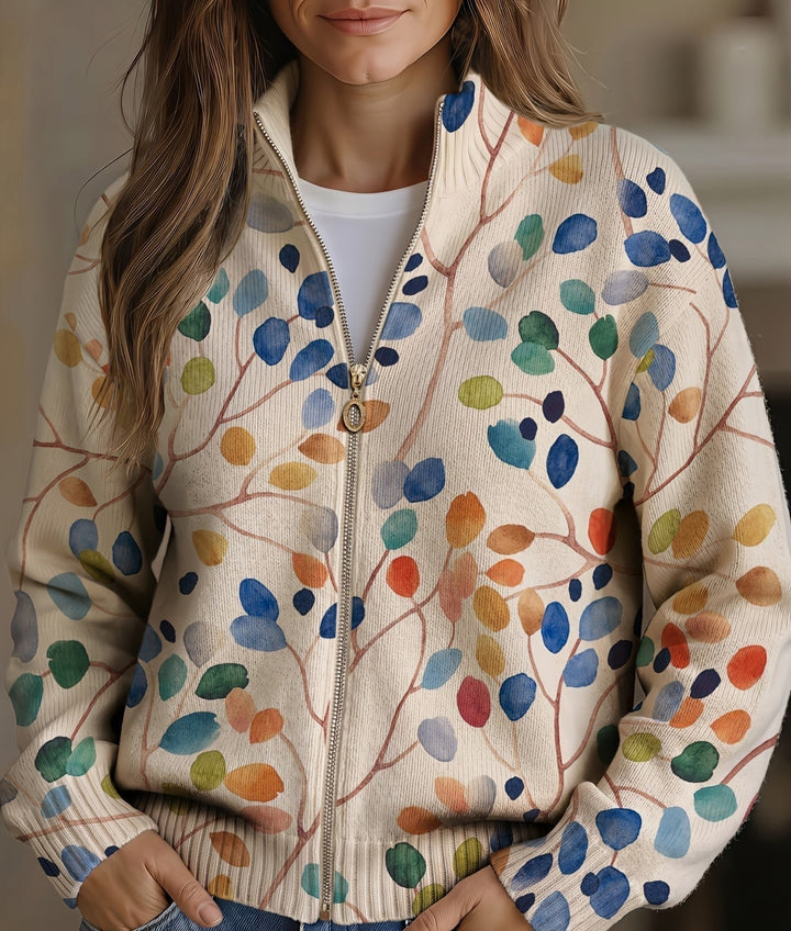 Fiona - Botanischer Blattprint Zip Cardigan