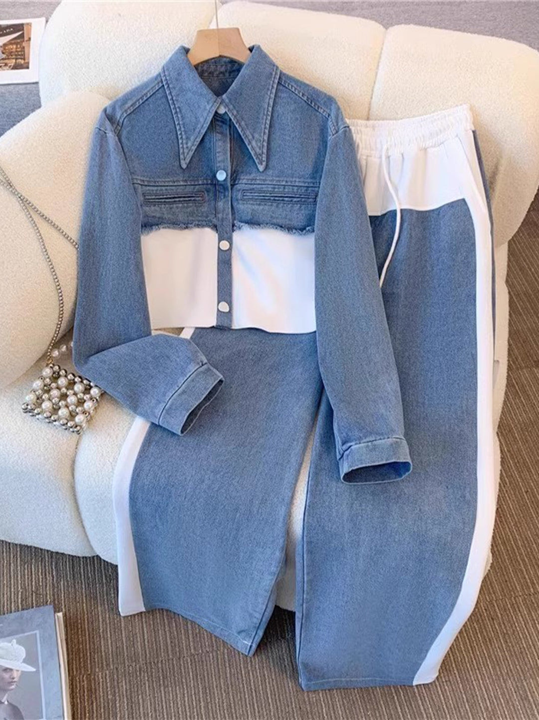 Danielle | Farbblockierte Cropped Jacke & Weite Hose Set