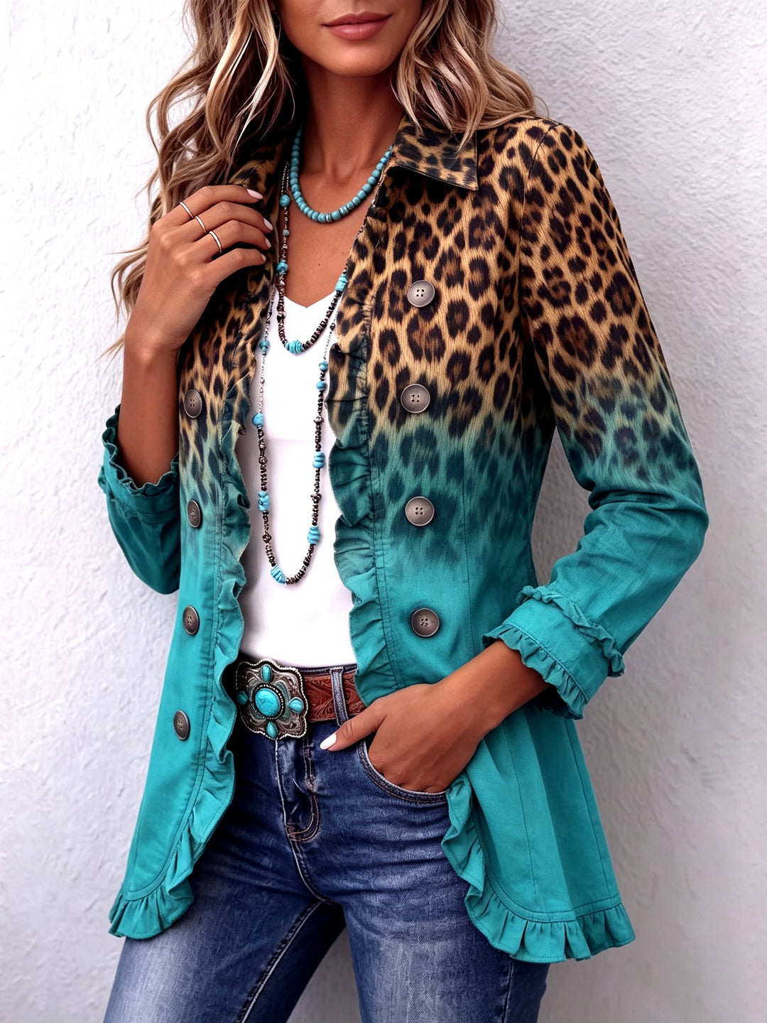 Dominique | Leopard Ombre Rüschen Blazer Jacke