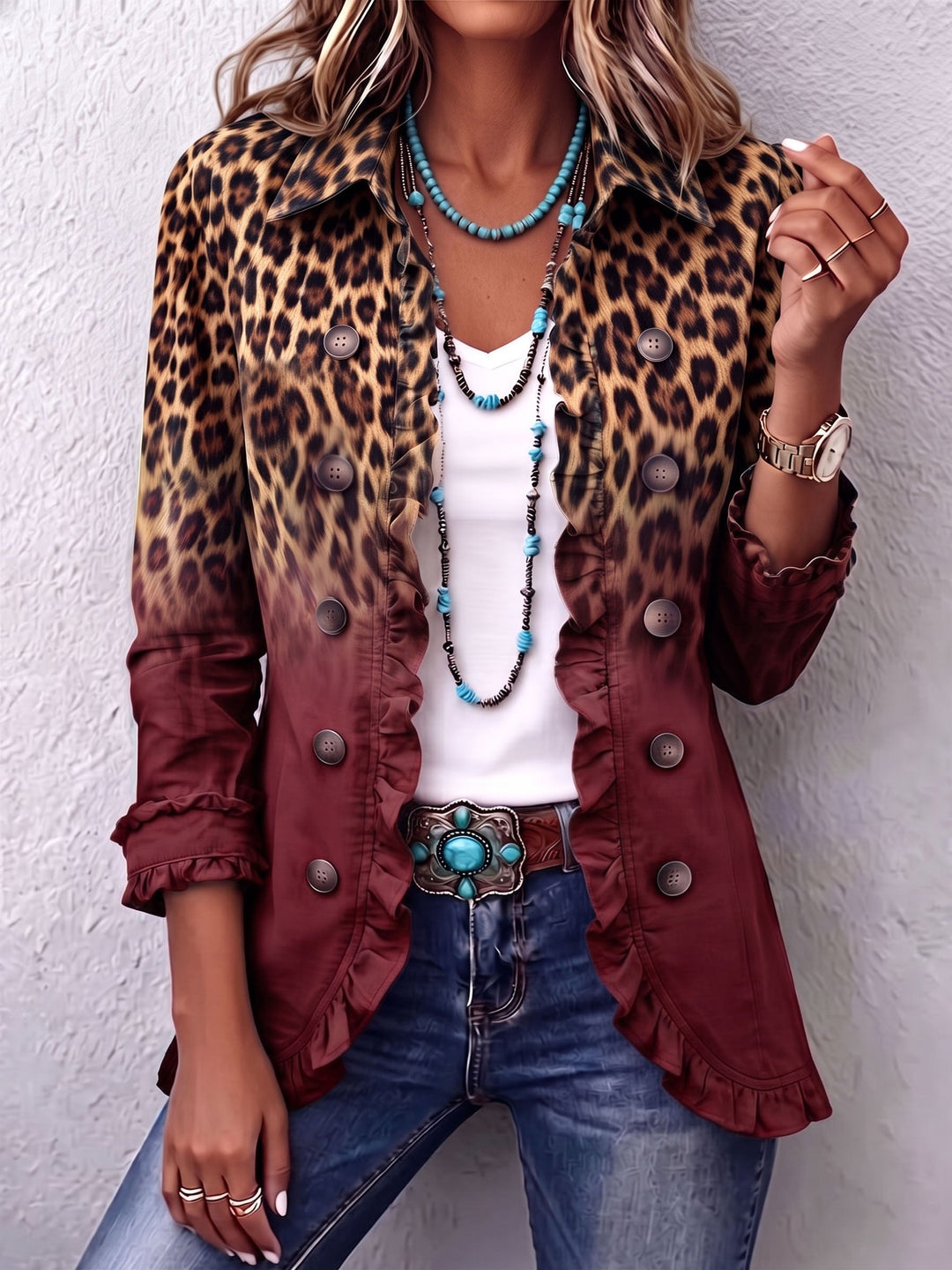 Dominique | Leopard Ombre Rüschen Blazer Jacke