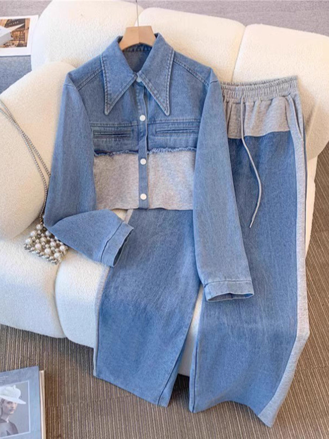 Danielle | Farbblockierte Cropped Jacke & Weite Hose Set