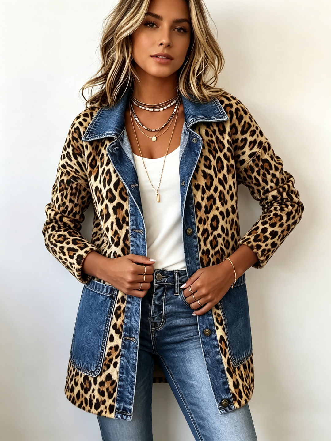 Madeleine | Leopardenmuster Denim Paneel Kontrast Langjacke