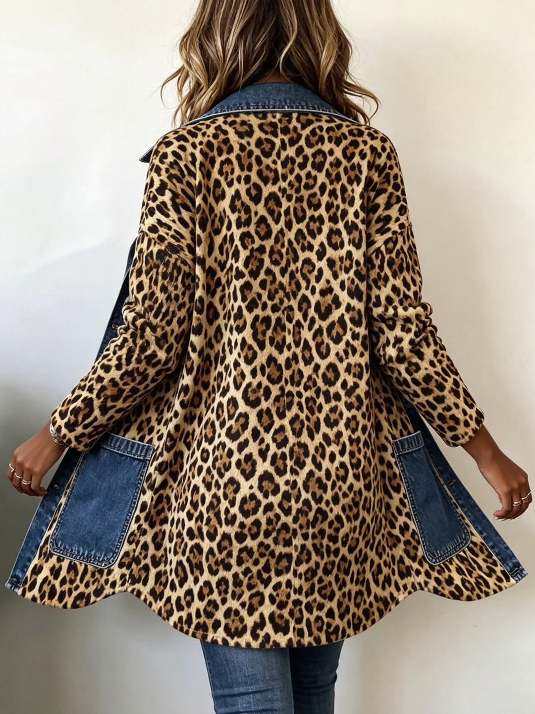 Madeleine | Leopardenmuster Denim Paneel Kontrast Langjacke