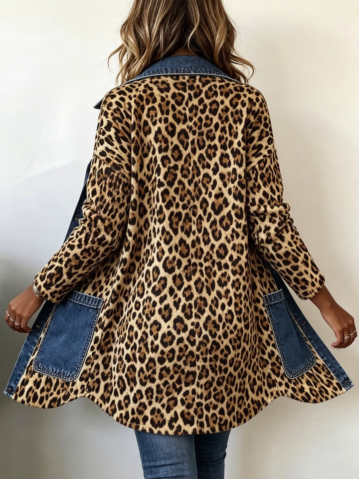 Madeleine | Leopardenmuster Denim Paneel Kontrast Langjacke