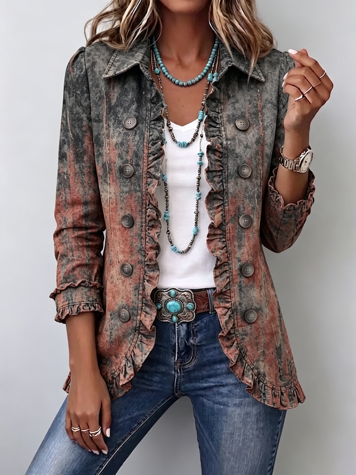 Jeannette | Vintage Farbverlauf Texturiertes Print Rüschenjacke